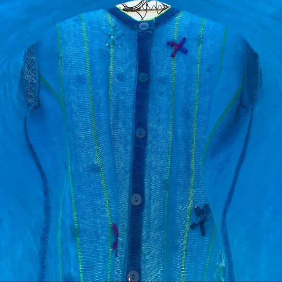 Quacker Factory blue cardigan spring flowers embroidered embellished MEDIUM - Picture 7 of 7